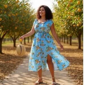 Torrid Floral Midi Dress Blue Orange Print Pockets Rayon 1X (14-16) Cottage Core